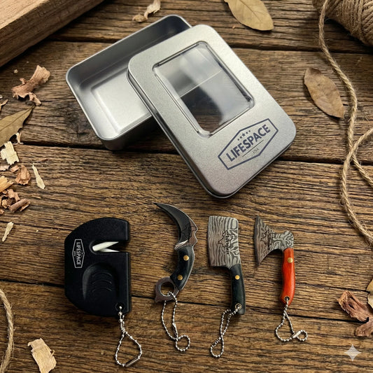 Lifespace Mini Knife Keychain Gift Set — 3 Piece Micro Blades + Sharpener in Gift Box