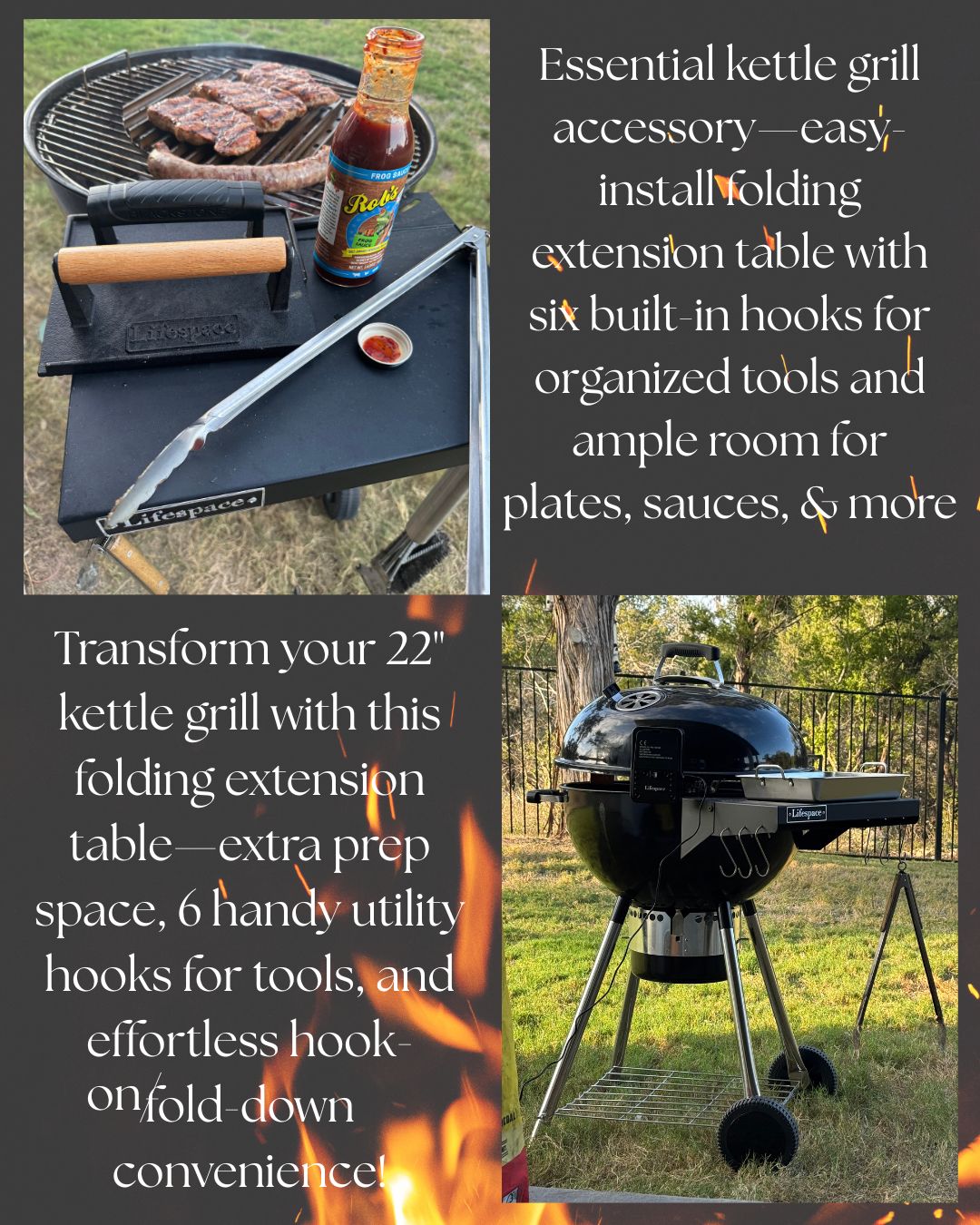 Lifespace Kettle Grill Folding Extension Table with Six Utility Hooks