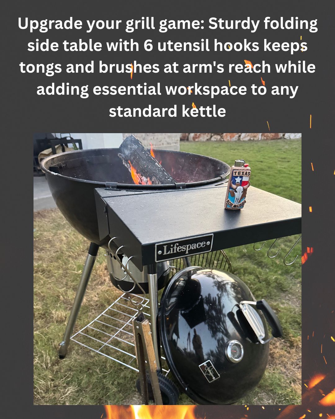 Lifespace Kettle Grill Folding Extension Table with Six Utility Hooks