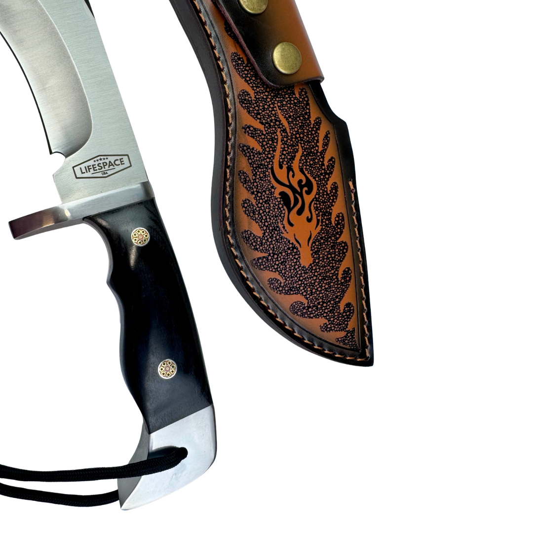 Lifespace Premium AUS-10 Stainless Steel Kukri Knife with Tooled Dragon Leather Sheath – 12.6" Overall