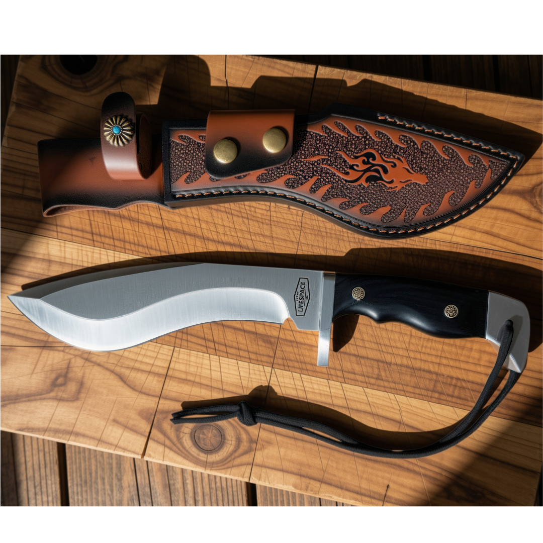 Lifespace Premium AUS-10 Stainless Steel Kukri Knife with Tooled Dragon Leather Sheath – 12.6" Overall