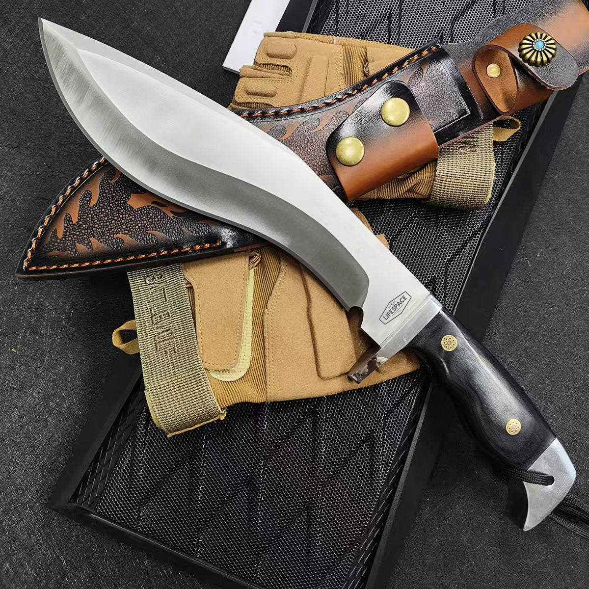 Lifespace Premium AUS-10 Stainless Steel Kukri Knife with Tooled Dragon Leather Sheath – 12.6" Overall