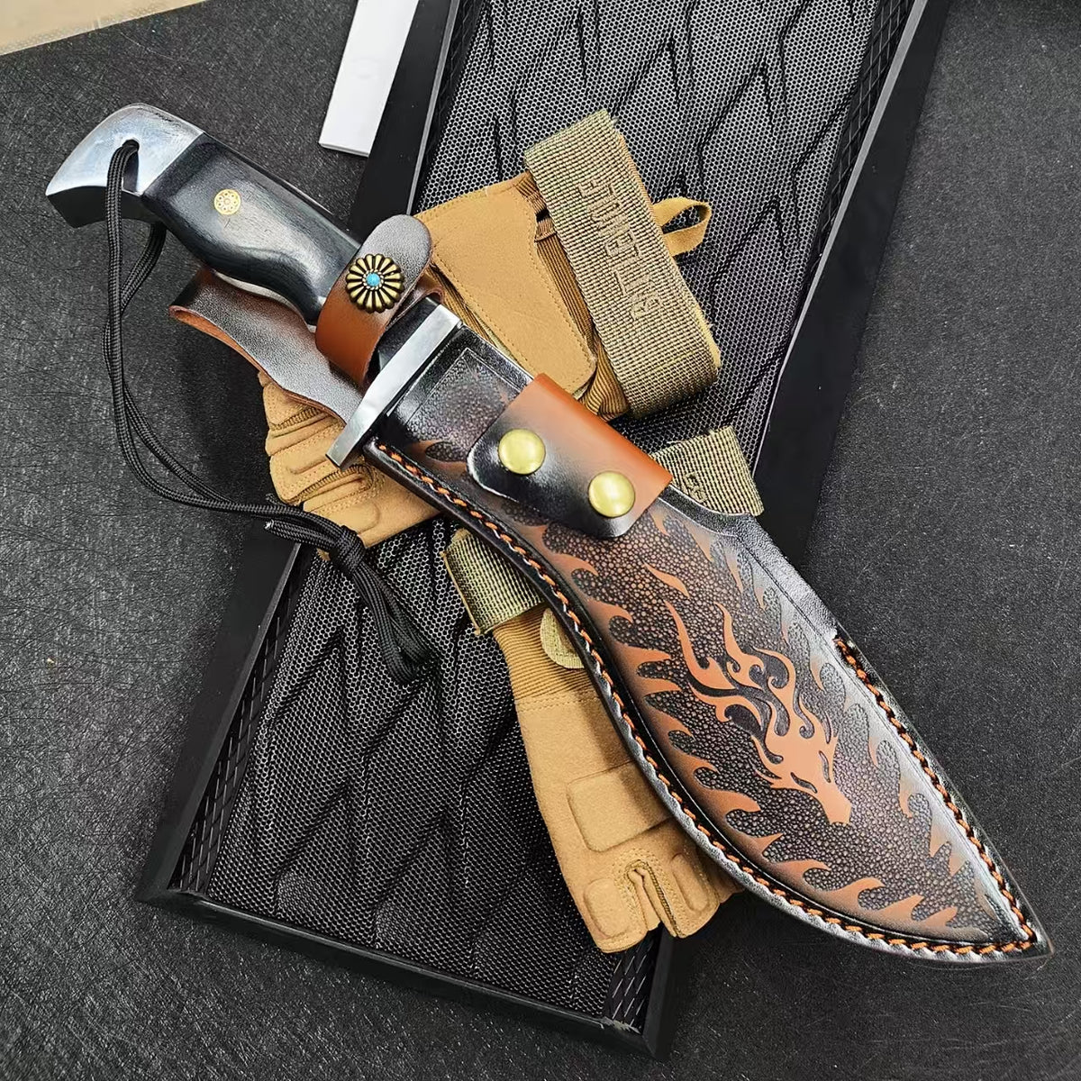 Lifespace Premium AUS-10 Stainless Steel Kukri Knife with Tooled Dragon Leather Sheath – 12.6" Overall