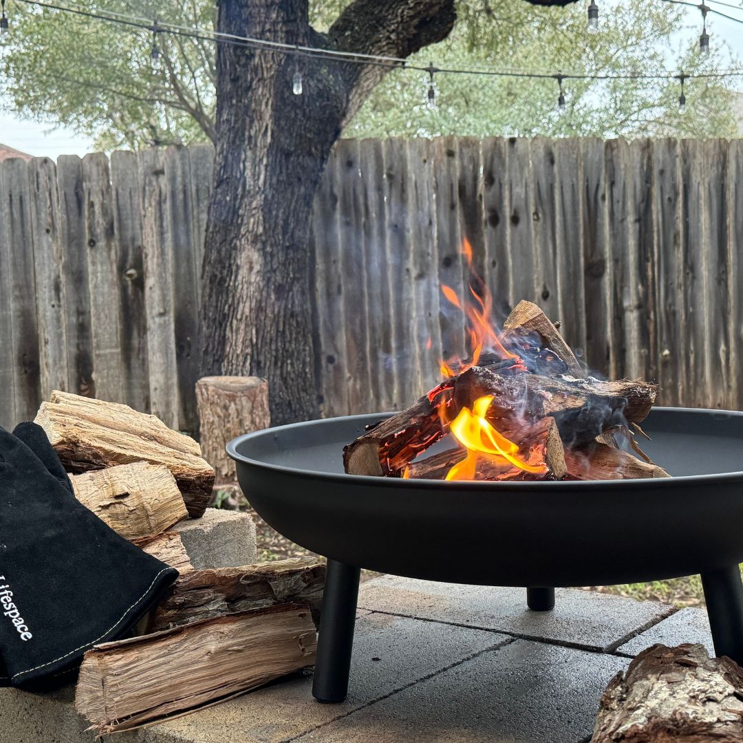 Lifespace 23in Bowl Firepit & Log Holder Bundle with FREE Leather Gloves
