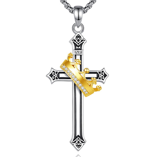 The Cross Road 925 Sterling Silver Crown Cross Pendant with Gold Plating and Cubic Zirconia