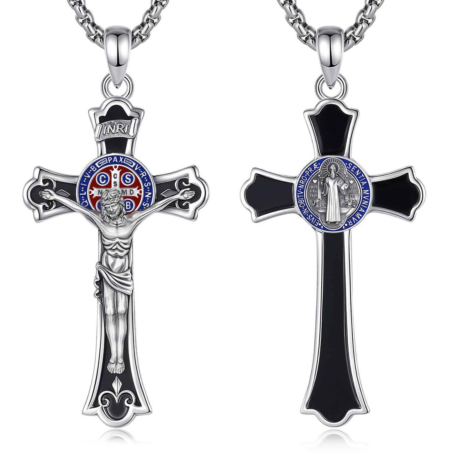 The Cross Road 925 Sterling Silver Crucifix Pendant with St. Benedict Enamel, Obsidian, and Oxidation Finish