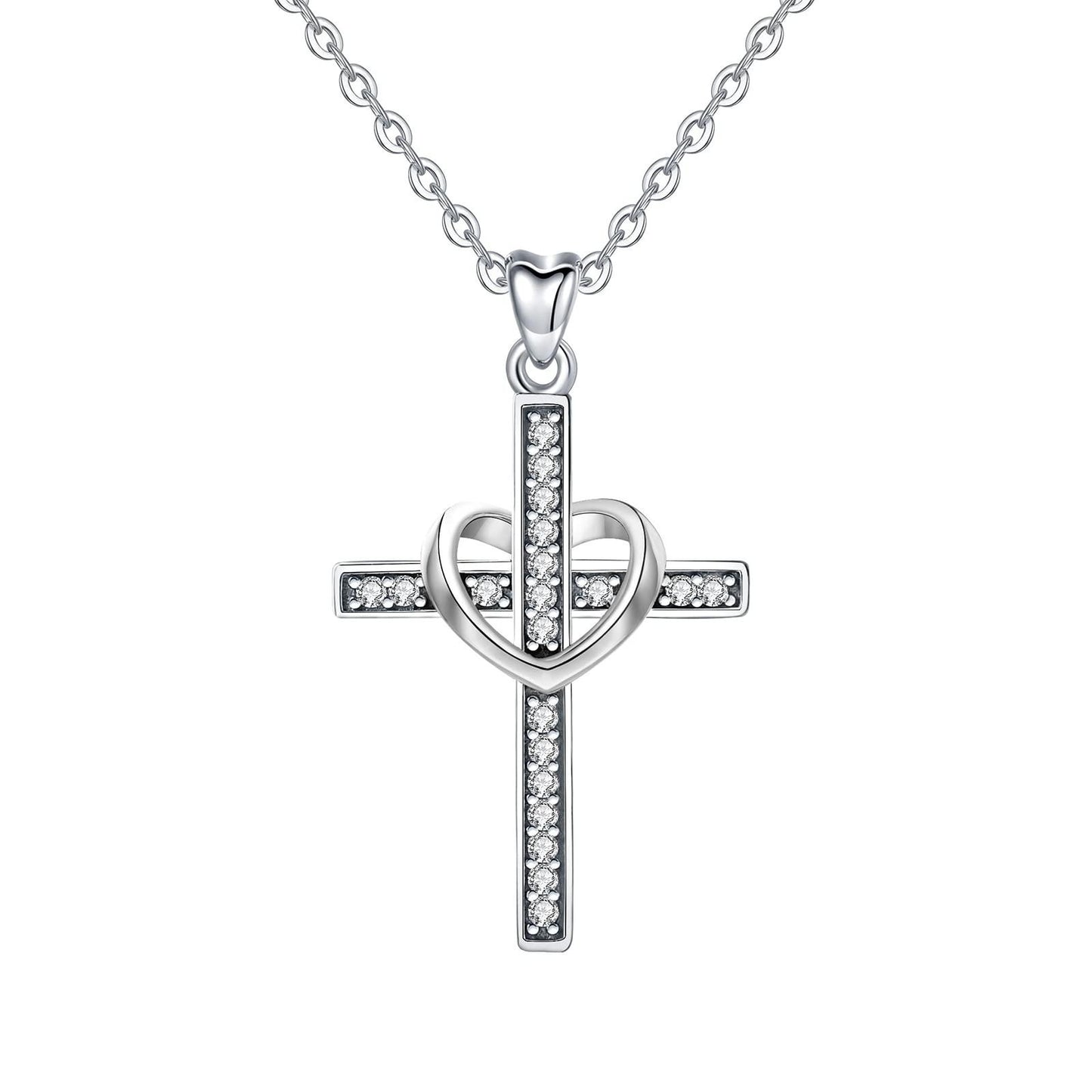 The Cross Road 925 Sterling Silver Heart Cross Pendant with Rhodium Plating and Cubic Zirconia