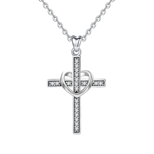 The Cross Road 925 Sterling Silver Heart Cross Pendant with Rhodium Plating and Cubic Zirconia