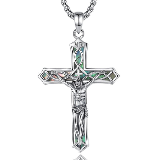 The Cross Road Silver Plated  Ichthys Crucifix with Antique Finish and Colorful Abalone Shell