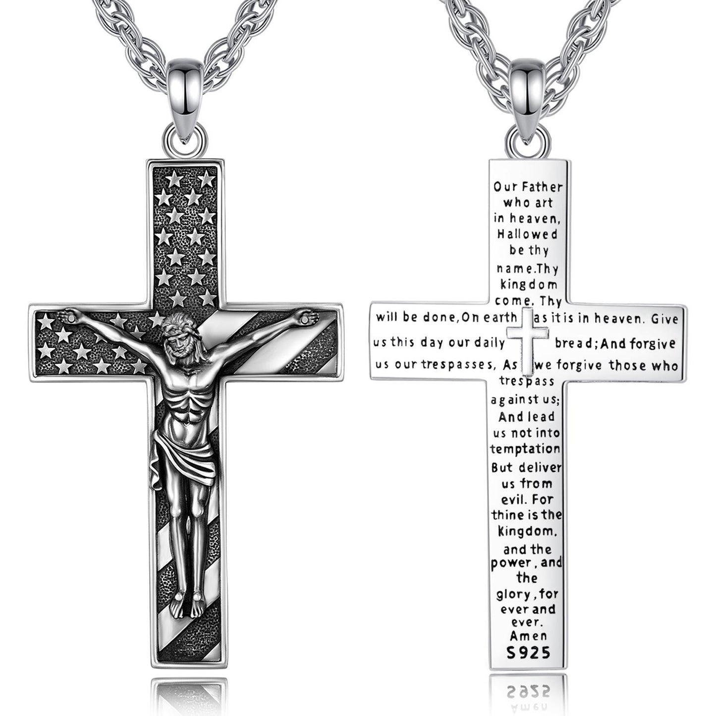 The Cross Road Patriotic American Flag Silver Plated Prayer Crucifix with Antique Finish