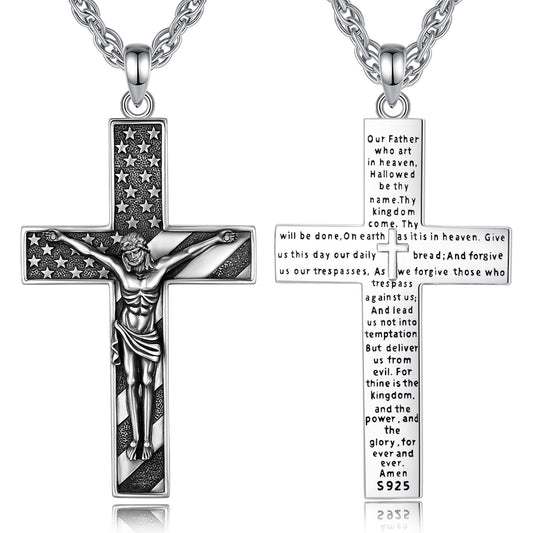 The Cross Road Patriotic American Flag Silver Plated Prayer Crucifix with Antique Finish