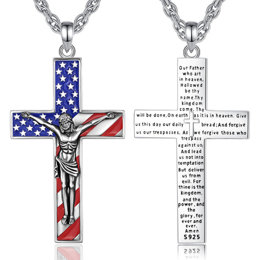 The Cross Road 925 Sterling Silver Patriotic Colorful American Flag Prayer Crucifix with Enamel