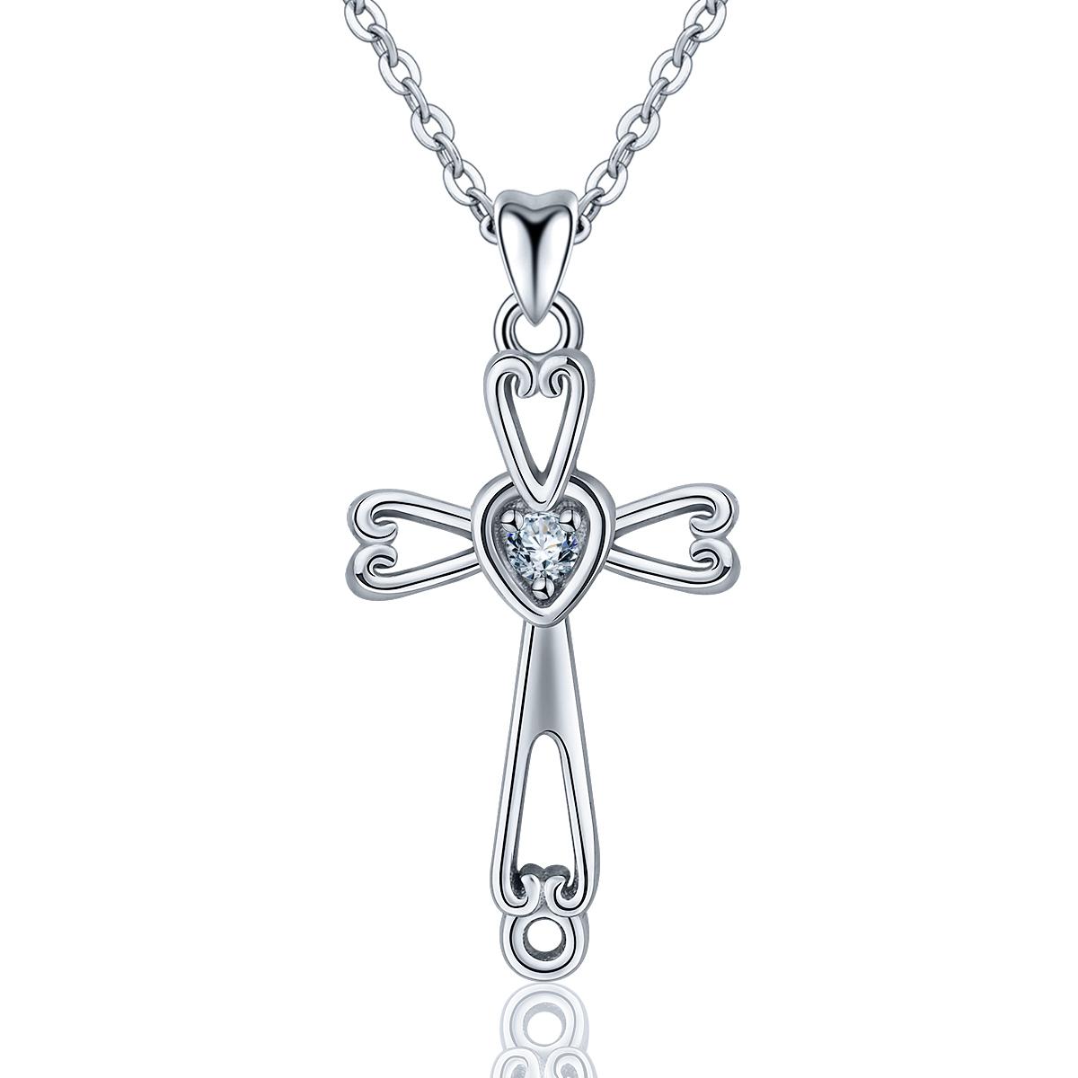 The Cross Road Women's Silver Plated Heart Cross Pendant with Cubic Zirconia