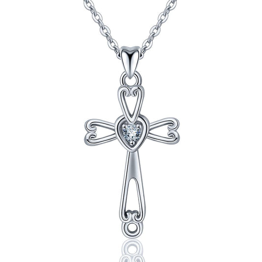The Cross Road Women's Silver Plated Heart Cross Pendant with Cubic Zirconia