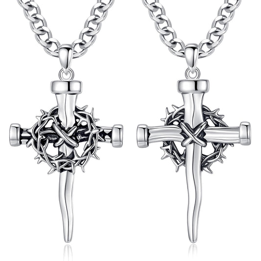 The Cross Road Silver Plated Thorn Crown Cross Pendant with Antique Finish