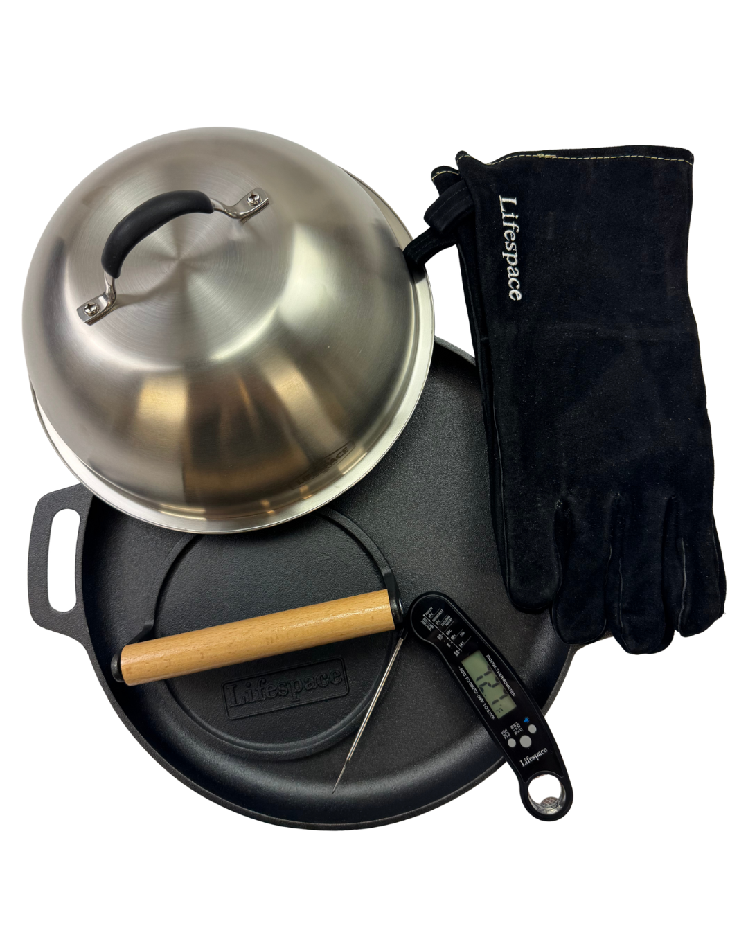 Lifespace Ultimate Steak Bundle — Cast Iron Plancha + Steak Press + Dome Lid + Instant Read Thermometer + Black Leather Gloves