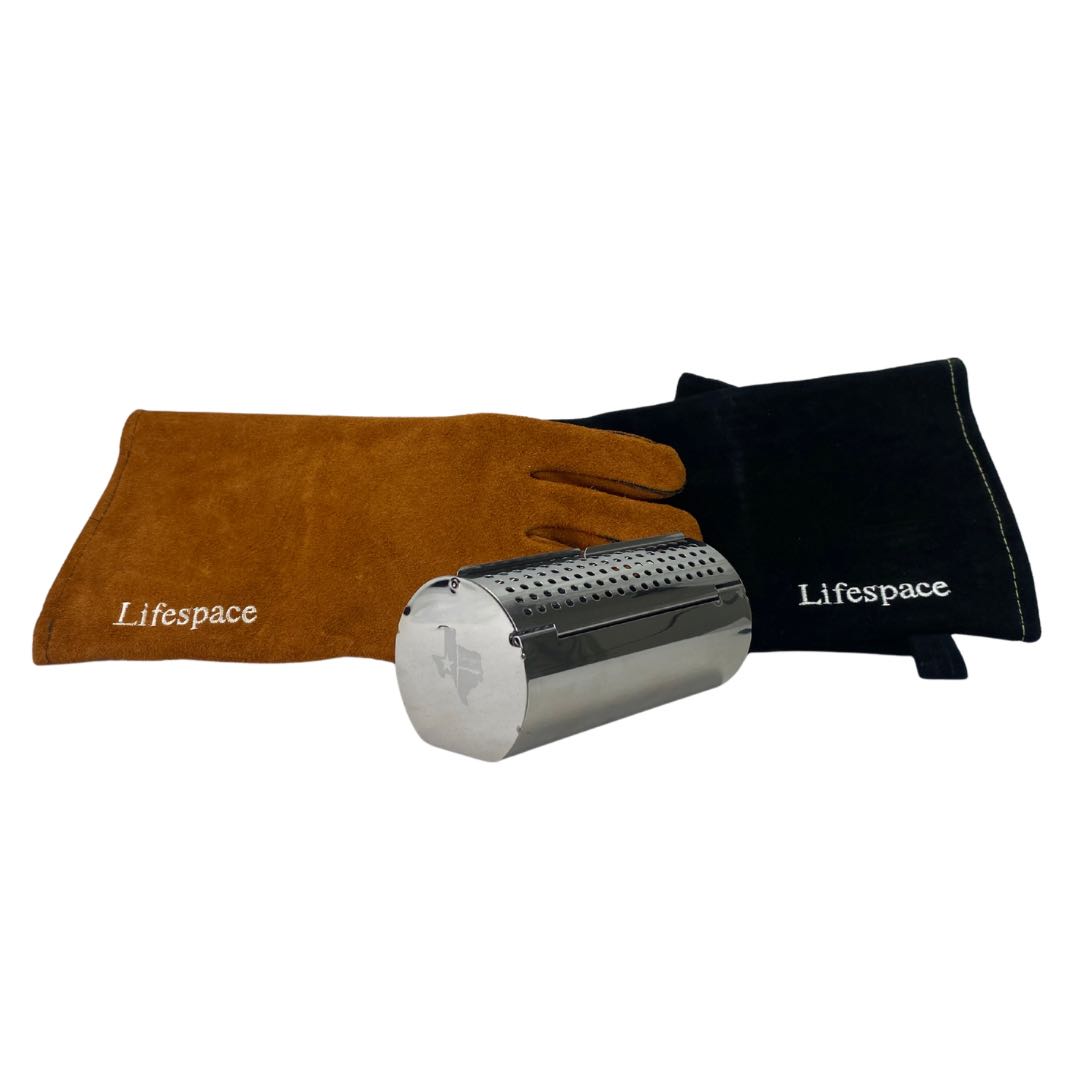 Lifespace SS Mini Wood Chip Smoker Box & Brown Leather Glove Bundle