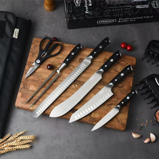 Lifespace Premium Professional 9pc Chef Knife & Tool Set with Knife Roll - FDA food save approved