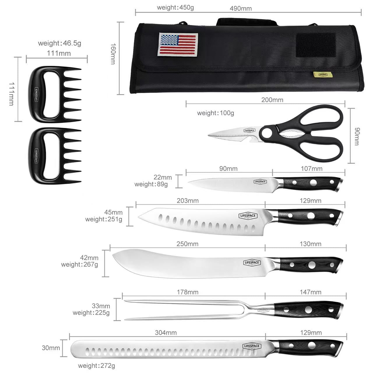 Lifespace Premium Professional 9pc Chef Knife & Tool Set with Knife Roll