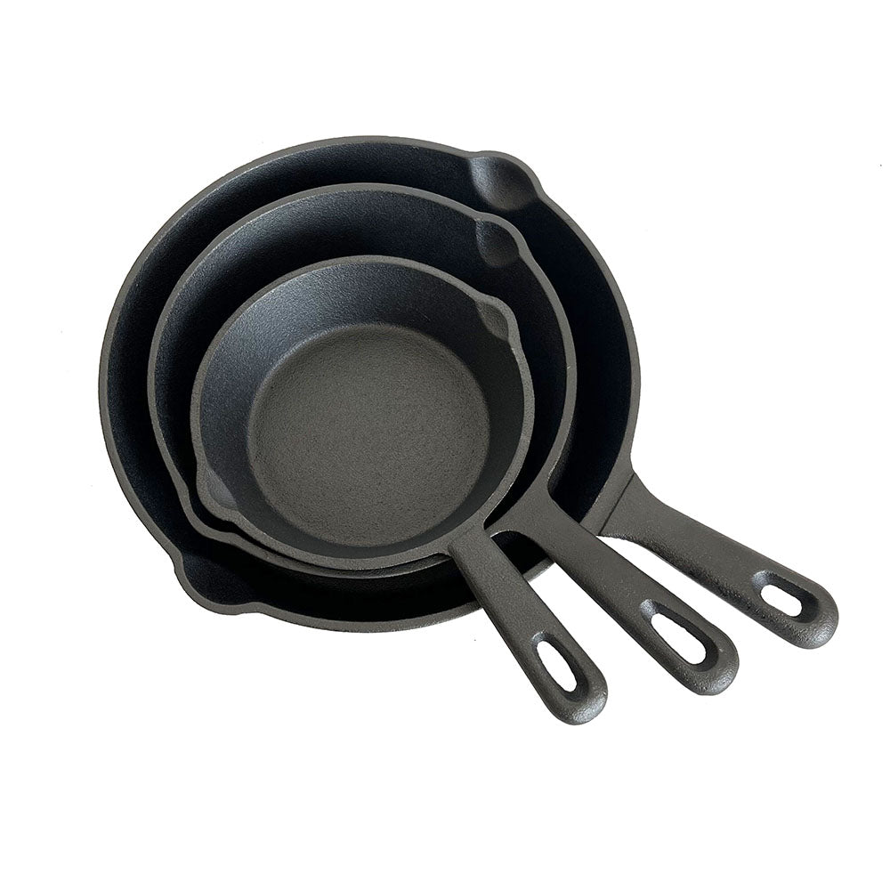 Lifespace Quality 3 Piece Matt Black Cast Iron Skillet Pan Set