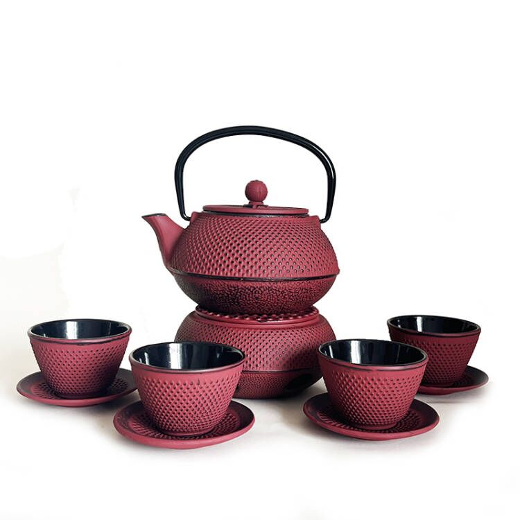 Lifespace Luxury Cast Iron 600ml Teapot Set with SS Filter, Trivet & 4 Cups - avail in Red & Green