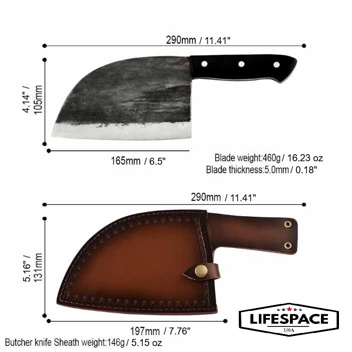 Lifespace Hammer Forged Full Tang Butcher Cleaver with Leather Sheath