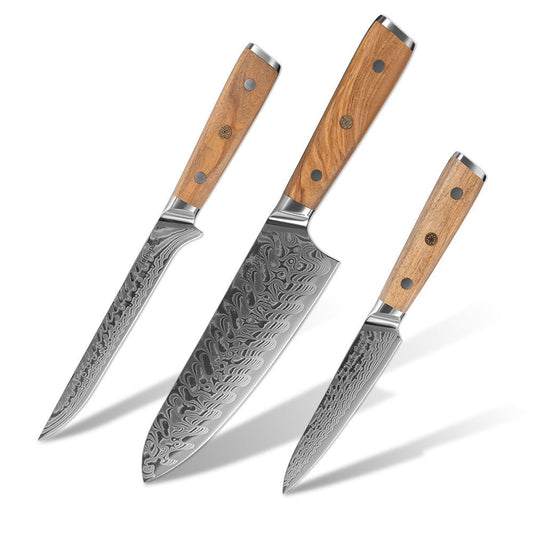 Lifespace Luxury 3pce Olive Wood Handle Full Tang Damascus Blade Chef Knife Set in a Gift Box