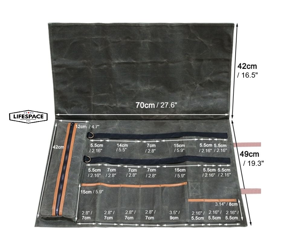 Lifespace Premium Leather & Waxed Canvas Utensil & Knife Roll - 8 Slots & Zip Pouch