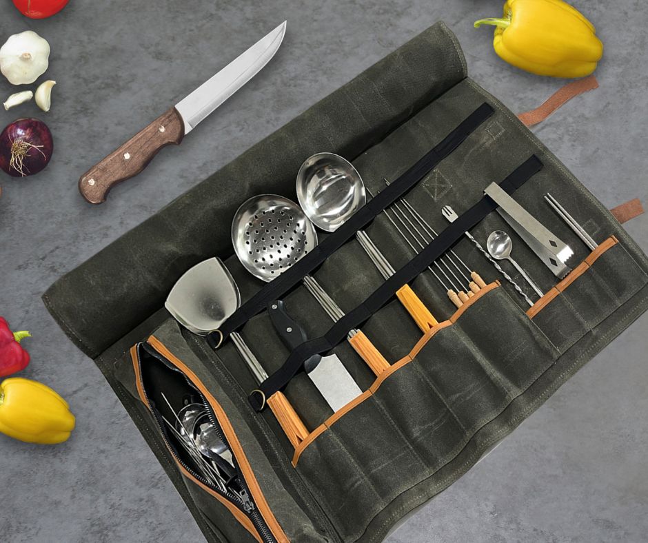 Lifespace Premium Leather & Waxed Canvas Utensil & Knife Roll - 8 Slots & Zip Pouch