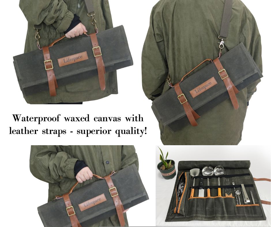 Lifespace Premium Leather & Waxed Canvas Utensil & Knife Roll - 8 Slots & Zip Pouch