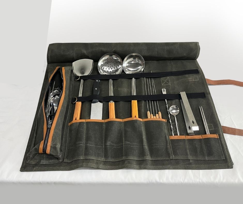 Lifespace Premium Leather & Waxed Canvas Utensil & Knife Roll - 8 Slots & Zip Pouch