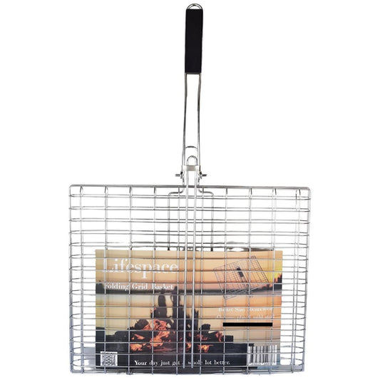 Lifespace Quality Large Flat Grill Basket with Folding Handle - Chrome
