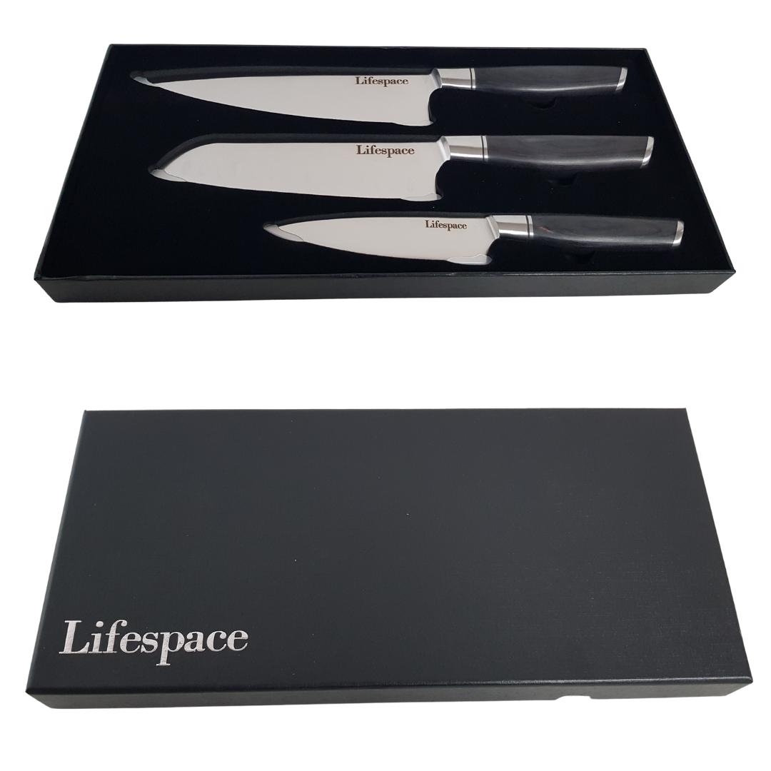 Lifespace Classic Japanese Chef Knife Set in a Gift Box - Petty, Santoku & Chef - Lifespace